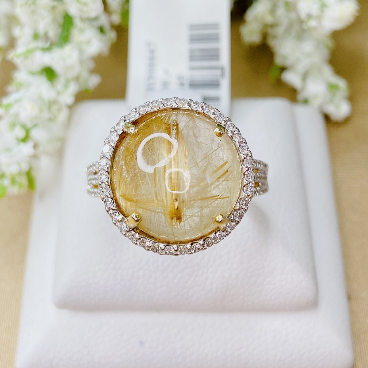 ไหมทองทรงกลม ล้อมเพชรน้ำ 100 “Natural Rutilated Quartz” ไหมทอง cutting เป็นหลังเบี้ย ไหมแน่น ไหมธรรมชาติ เส้นชัดเจน
