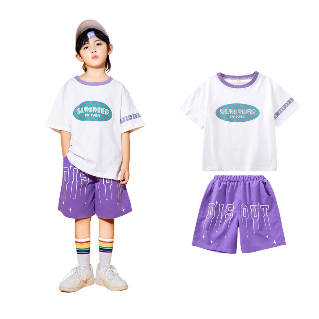 ชุดเต้น ชุดแดนซ์ เซ็ตเสื้อสีม่วง/ขาว+กางเกงขาสั้น/กระโปรง