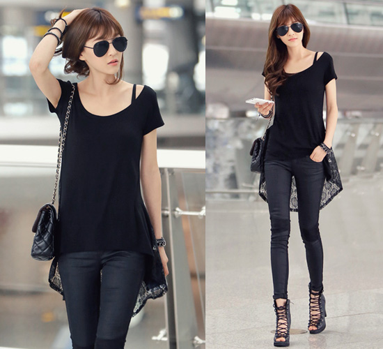 เสื้อแฟชั่นหางปลา สีดำ ต่อผ้าลูกไม้ด้านหลังและแขนเสื้อ เนื้อผ้าส่วนหน้าเป็นผ้าคอตตอลผสมผ้ายืด สวมใส่สบายไม่ร้อน ใส่ไปเที่ยว ไปงานใหนๆก็สวยจร้า