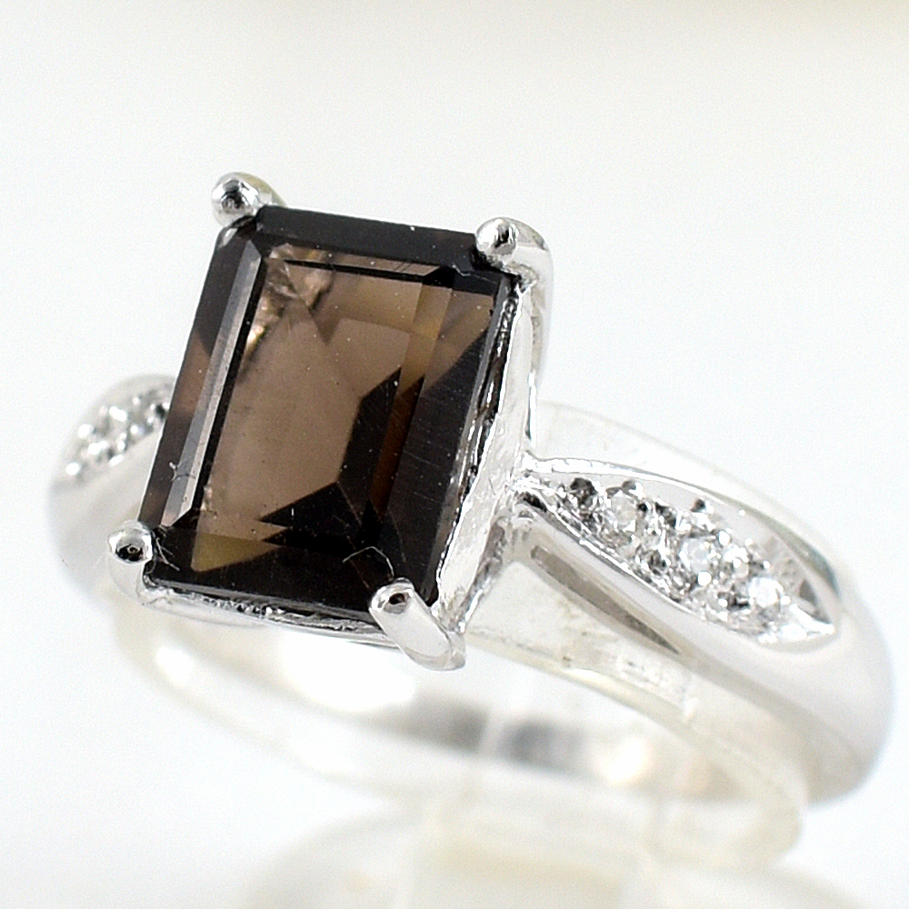 แหวนเงินแท้ราคาถูกชุบทองคำขาว พลอยแท้สโมกกี้ควอทซ์ 1.95 กะรัต เพชรCZ 0.048 กะรัต งานประณีตสวยงาม สั่งผลิตค่ะ