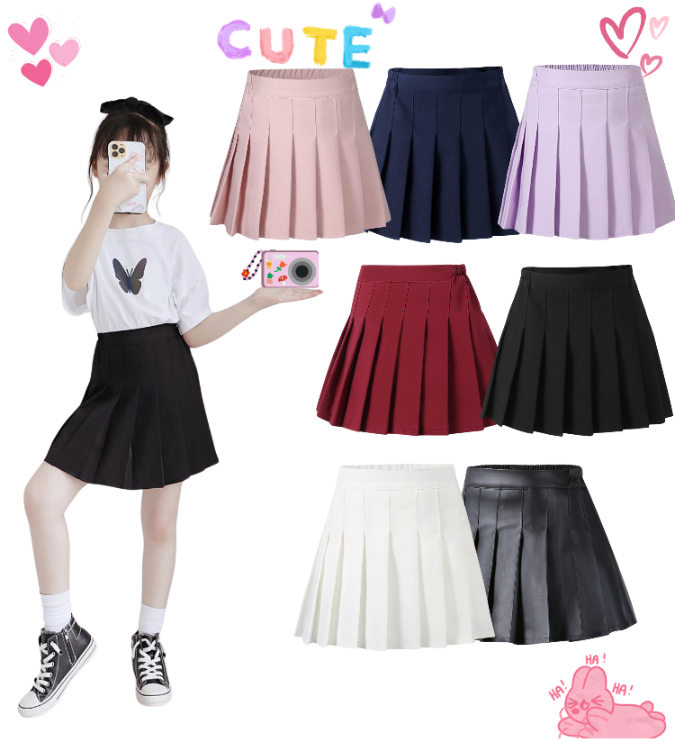 F กระโปรงเ ด็กอัดพลีท ทรงสั้น มีซับในกางเกง ลายพื้น เกรดคุณภาพ