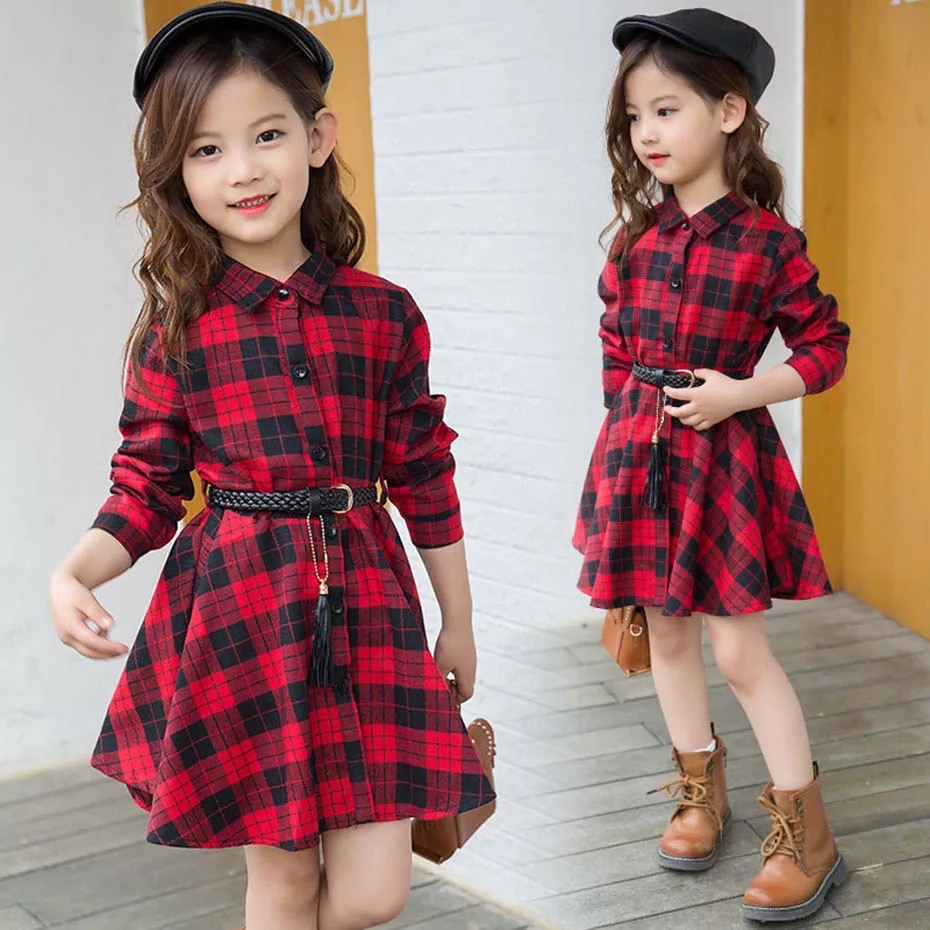 พร้อมส่ง ชุดคริสมาส เดรสแดงคอปก ลายสก๊อต กระดุมหน้า พร้อมเข็มขัด