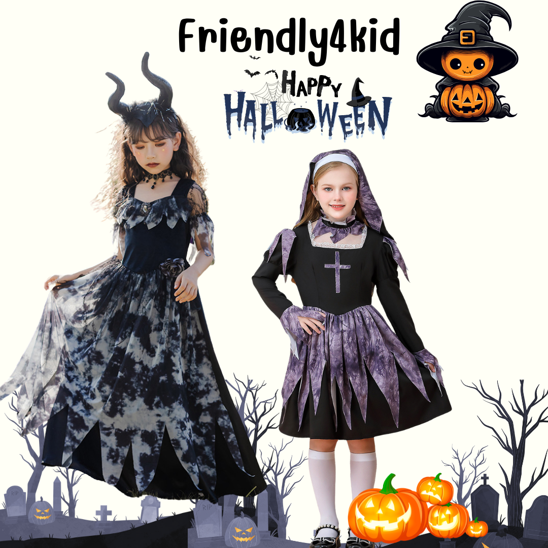 ชุดฮาโลวีนเด็กผู้หญิง haloween ชุดเดรสสีดำ-เทา สไตล์นักบวช ผีแม่ชี