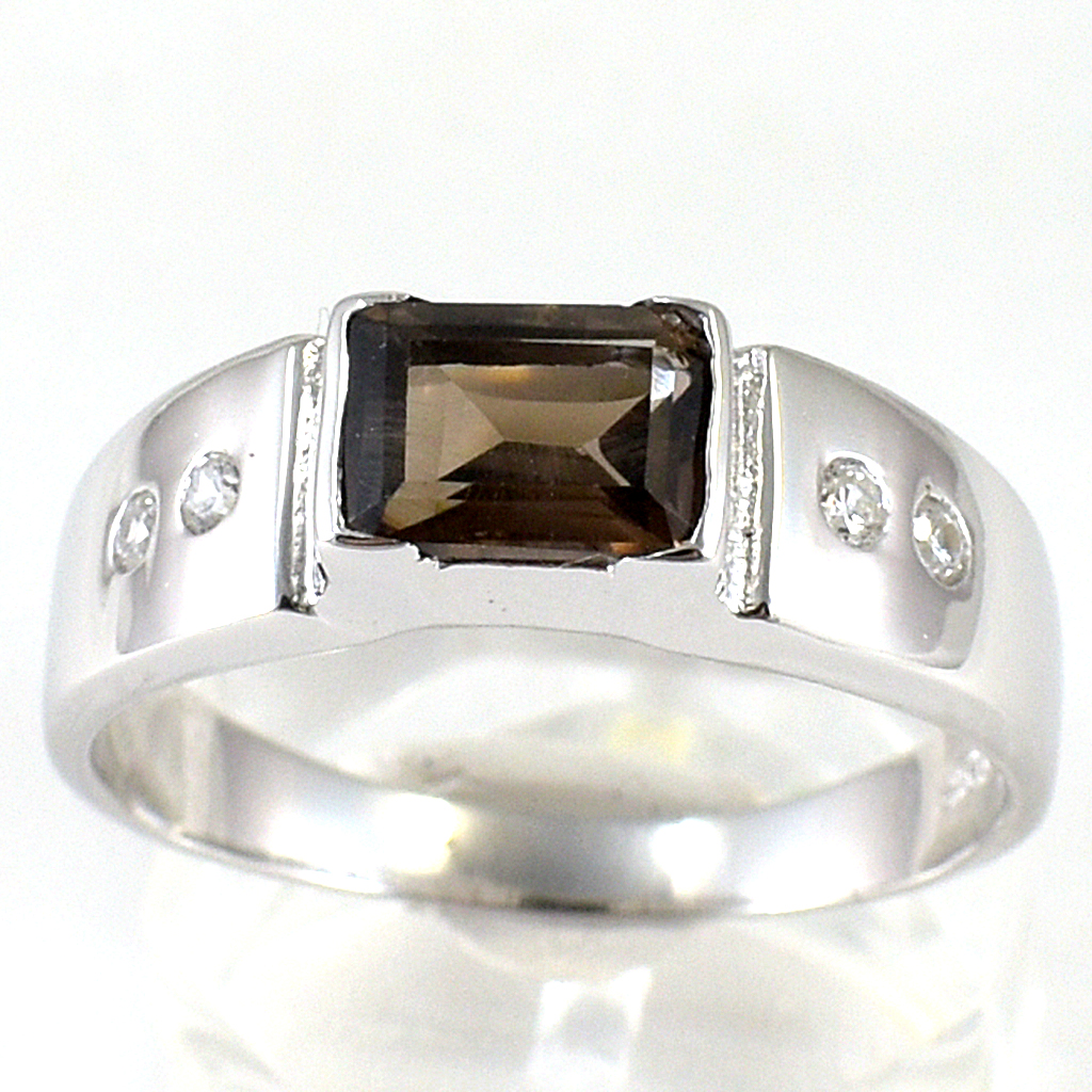 แหวนเงินแท้ราคาถูกชุบทองคำขาว พลอยแท้สโมกกี้ควอทซ์ 1.15 กะรัต เพชรCZ 0.10 กะรัต งานประณีตสวยงาม สั่งผลิตค่ะ