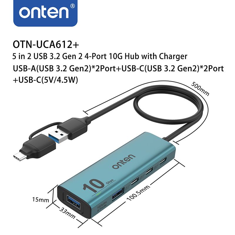 5-in2 USB 3.2 Gen 2 HUB 4-Port 10Gbps with USB-C Power Supply by Onten