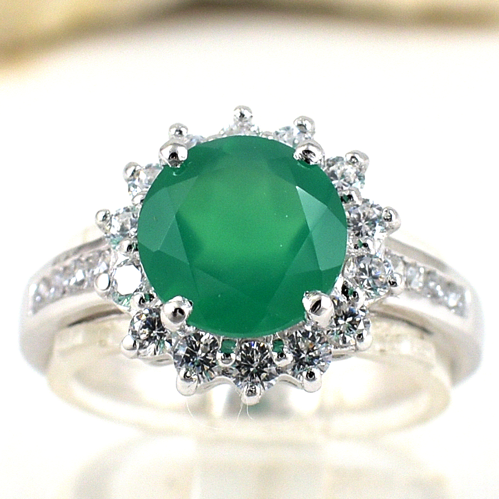 แหวนเงินแท้ราคาถูกชุบทองคำขาว พลอยแท้กรีนอะเกท 2.25 กะรัต เพชรCZ 0.77 กะรัต งานประณีตสวยงาม สั่งผลิตค่ะ