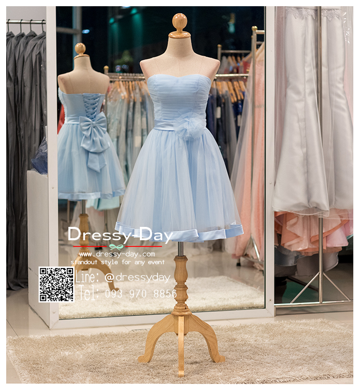 รหัส ชุดราตรีสั้น : bb035 ชุดแซก ชุดราตรีเกาะอก สีฟ้า กระโปรงบาน เหมาะใส่ออกงานกลางวัน กลางคืน งานคอกเทล