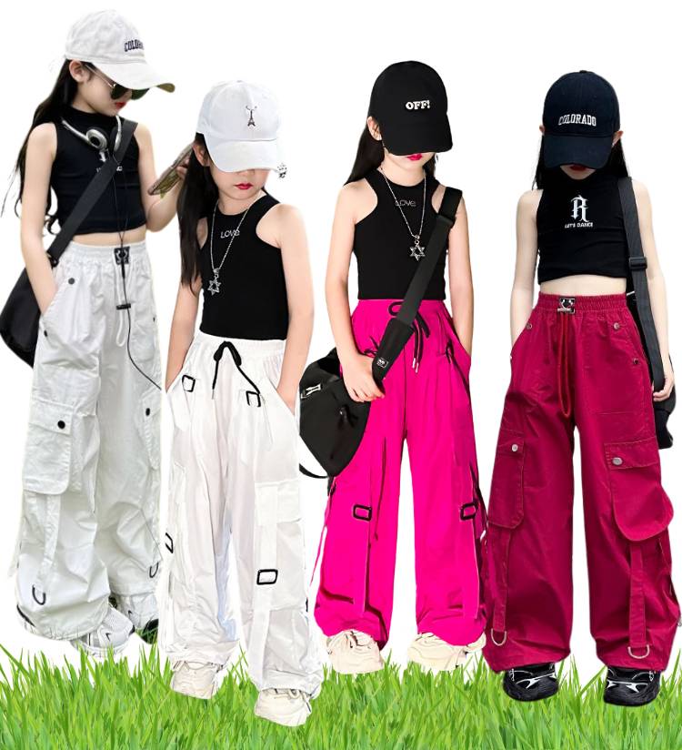 พร้อมส่ง กางเกงเด็ก คาร์โก้ สไตล์ Y2K ขากระบอกสีพื้น