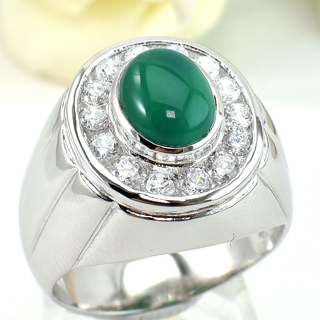 แหวนเงินแท้ราคาถูกชุบทองคำขาว พลอยแท้กรีนอะเกท 1.802 กะรัต เพชรCZ 0.70 กะรัต งานประณีตสวยงาม สั่งผลิตค่ะ