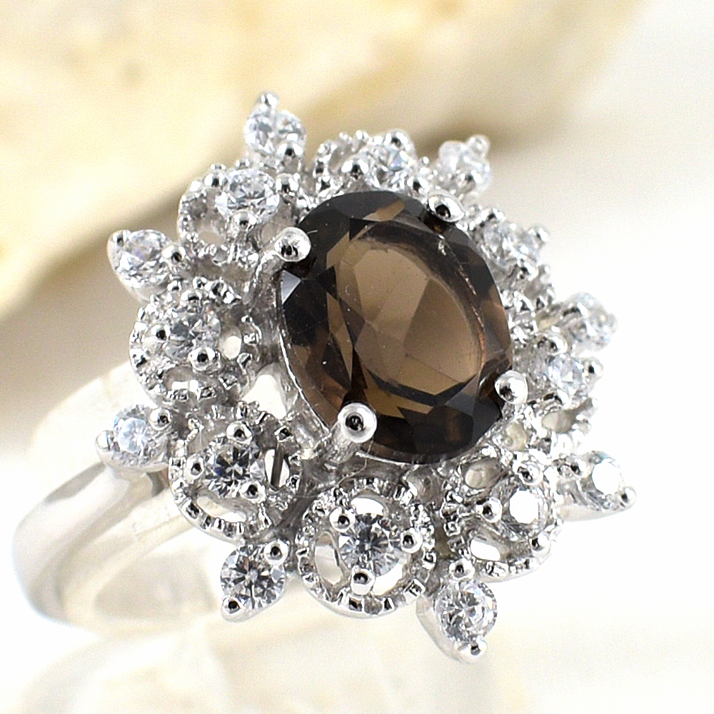 แหวนเงินแท้ราคาถูกชุบทองคำขาว พลอยแท้สโมกกี้ควอทซ์ 1.70 กะรัต เพชรCZ 0.48 กะรัต งานประณีตสวยงาม สั่งผลิตค่ะ