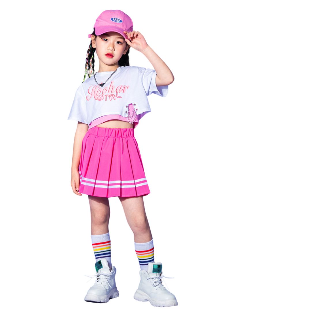 พร้อมส่ง ชุดเต้น ชุดแดนซ์ เสื้อสีขาว+กางเกงขายาว/กระโปรง สีชมพู