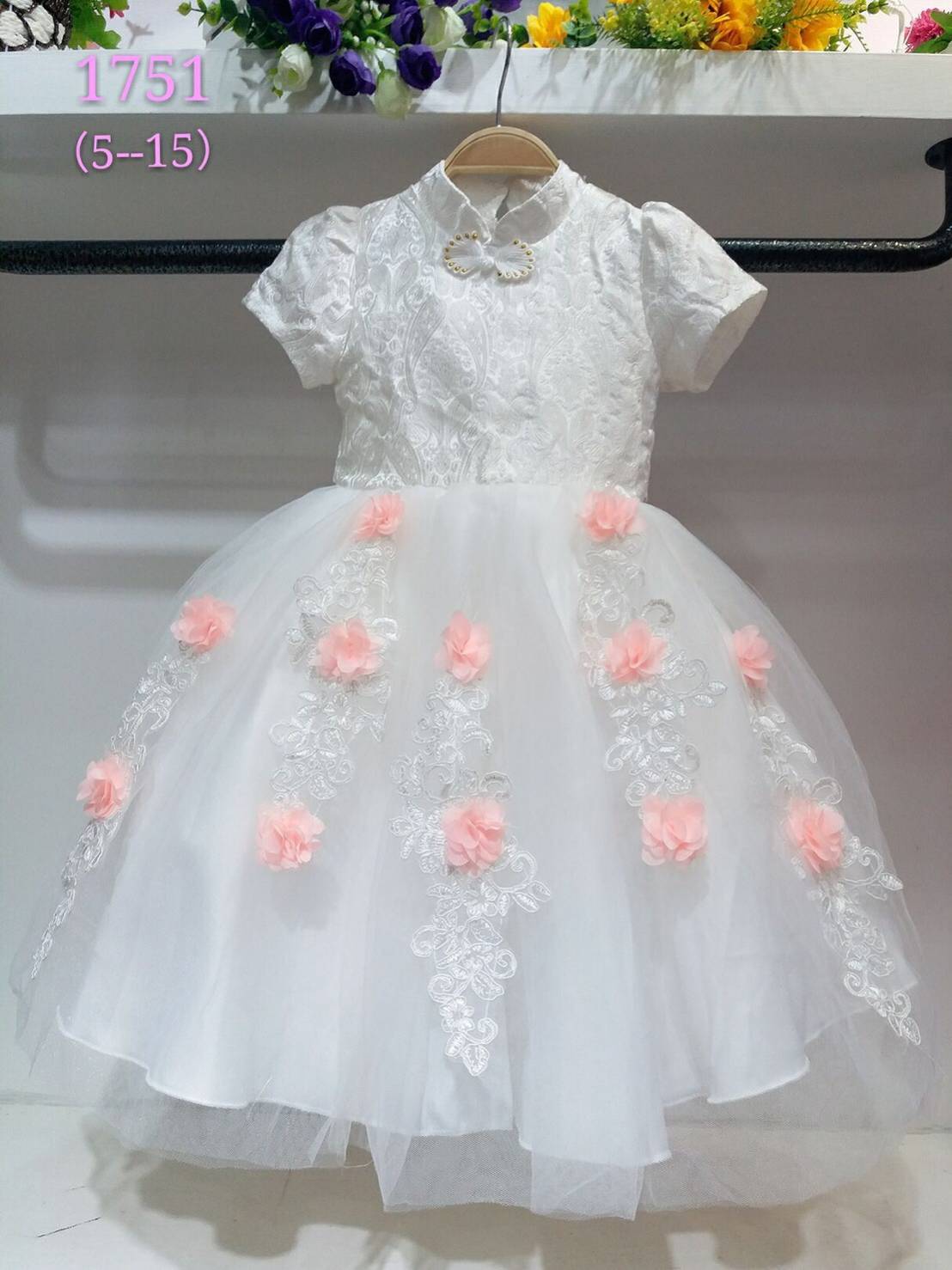 ชุดออกงานเด็ก เดรสแขนสั้น สีขาว