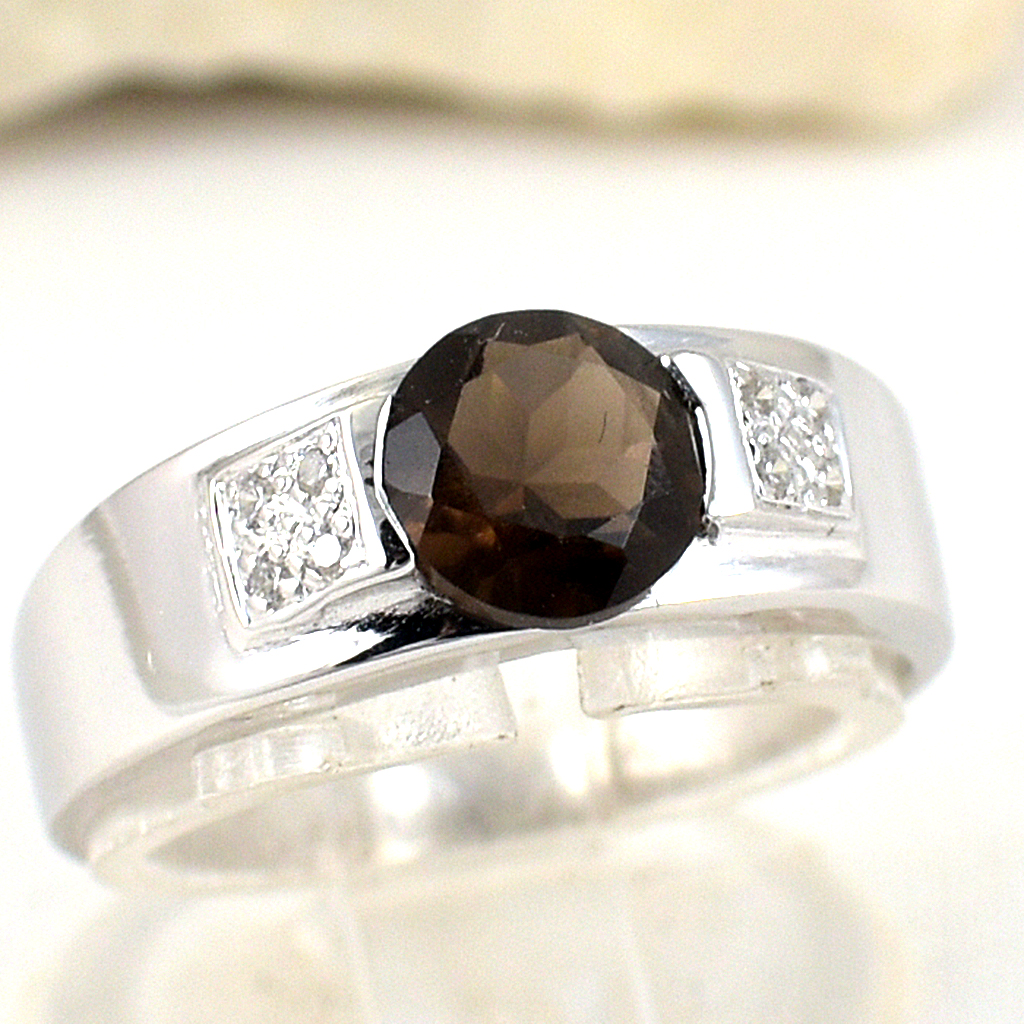 แหวนเงินแท้ราคาถูกชุบทองคำขาว พลอยแท้สโมกกี้ควอทซ์ 1.0 กะรัต เพชรCZ 0.056 กะรัต งานประณีตสวยงาม สั่งผลิตค่ะ