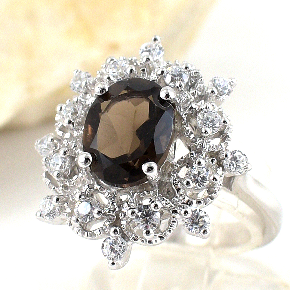 แหวนเงินแท้ราคาถูกชุบทองคำขาว พลอยแท้สโมกกี้ควอทซ์ 1.70 กะรัต เพชรCZ 0.48 กะรัต งานประณีตสวยงาม สั่งผลิตค่ะ