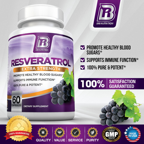 BRI Nutrition Resveratrol-1200mg Maximum Strength-60 VeggieCapsules ความเข้มข้นสูงสุด 1,200 มก.อาหารเสริมสำหรับชะลอวัย ฟื้นฟูสุขภาพ และช่วยลดริ้วรอย