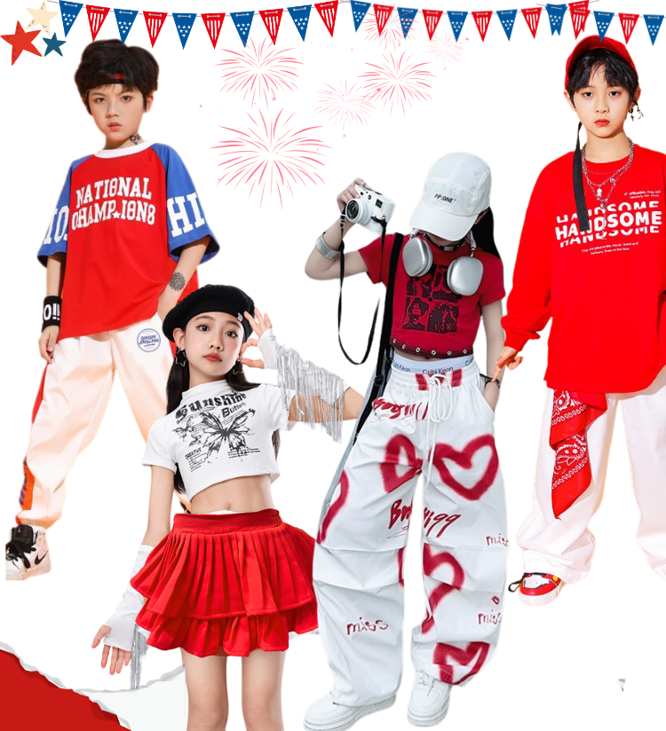 พร้อมส่ง ชุดเต้น Street dance สไตล์ ขาว-แดง