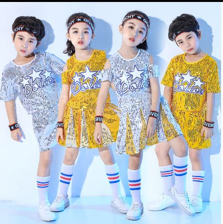 F ชุดเต้น ปักเลื่อม เซ็ตเสื้อ+กางเกง สีทอง+คาดผม