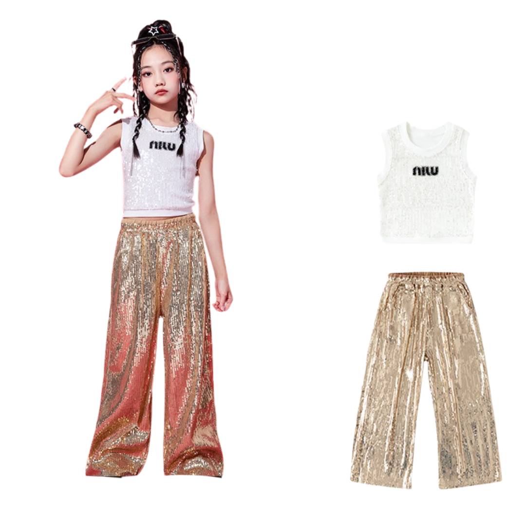 พร้อมส่ง ชุดเต้น ชุดแดนซ์ เสื้อแขนกุด+กางเกงขายาวปักเลื่อม