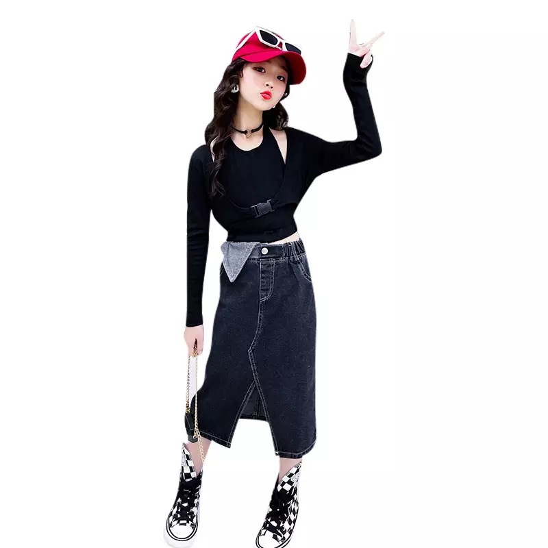 **เฉพาะเสื้อ**ชุดเต้น ฮิปฮอป เสื้อแขนยาว แขนคอไขว้ สีดำสลับดำ