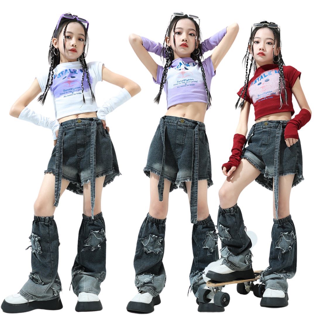 ชุดเต้น Coverdance เสื้อครอป แมว พร้อมปลอกแขน / กางเกงยีนส์คาร์โก้