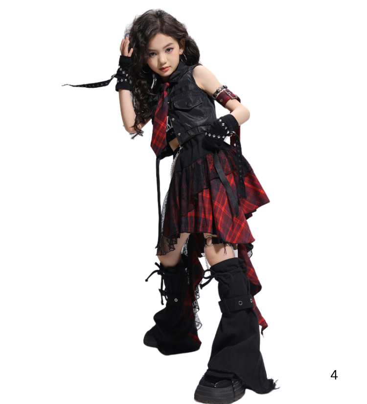 ชุดเต้น เซ็ตเสื้อปาดไหล่ พร้อมปลอกแขน โทนลายสก๊อต ดำแดง