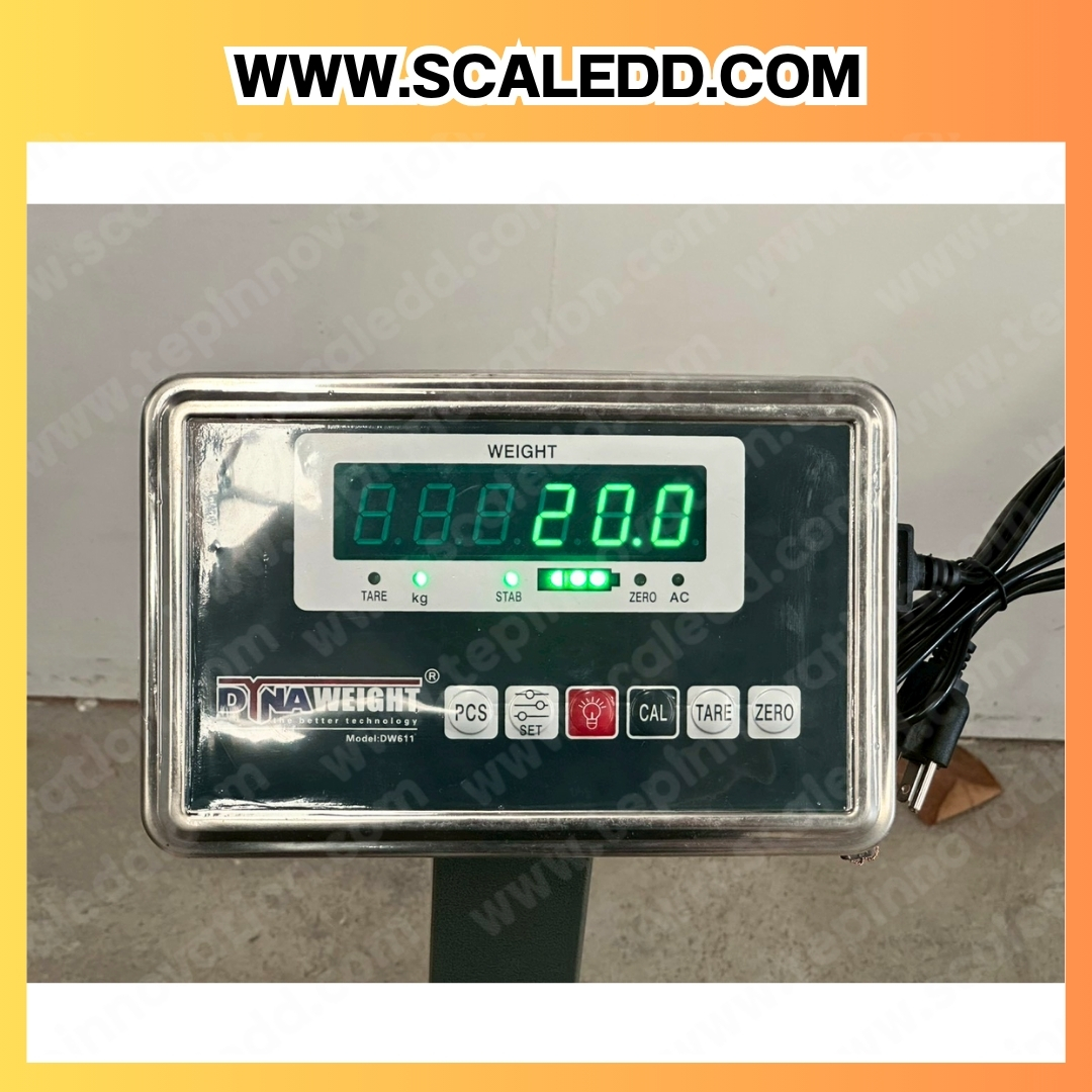 เครื่องชั่งดิจิตอลตั้งพื้นพร้อมล้อเลื่อน(เสาพับได้) 600kg ตาชั่งตั้งพื้นพร้อมล้อ600kg พิกัด 600kg ค่าละเอียด 100g ขนาดแท่นชั่ง 50x70cm. ยี่ห้อ Dynaweight รุ่น DW611