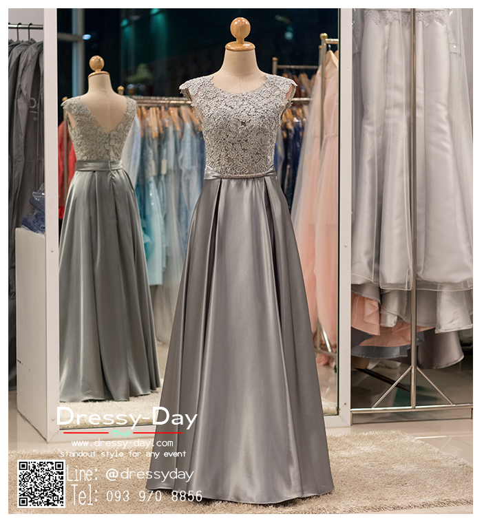 รหัส ชุดราตรียาว :PF002-3 ชุดราตรียาว เดรสออกงาน ชุดไปงานแต่งงาน ชุดแซก สีเทา สวยด้วยลูกไม้ด้านบนและเรียบหรูด้วยผ้าซาติน