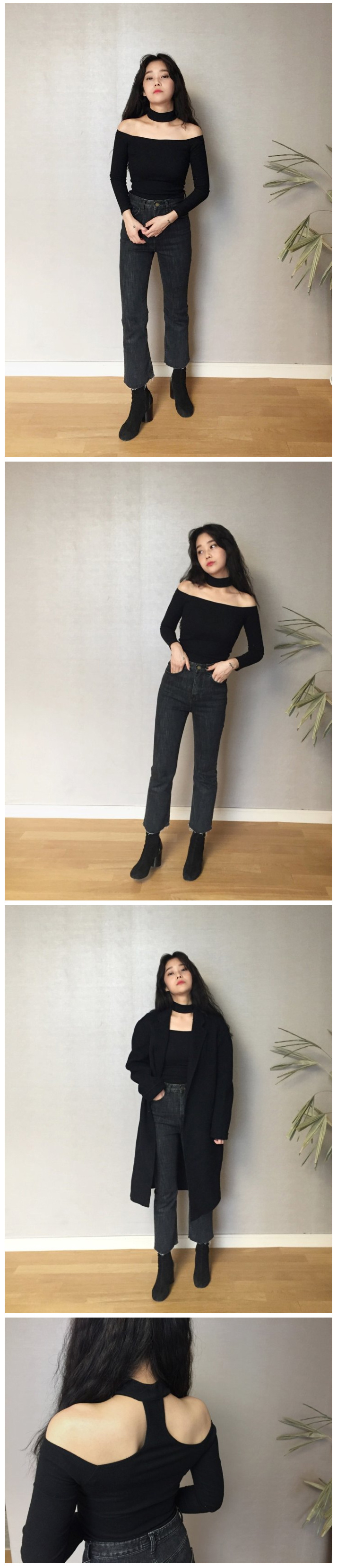 เสื้อยืดแฟชั่นสีดำ เปิดไหล่ แต่งคาดคอกลม แขนสีส่วน สวมใส่สบาย