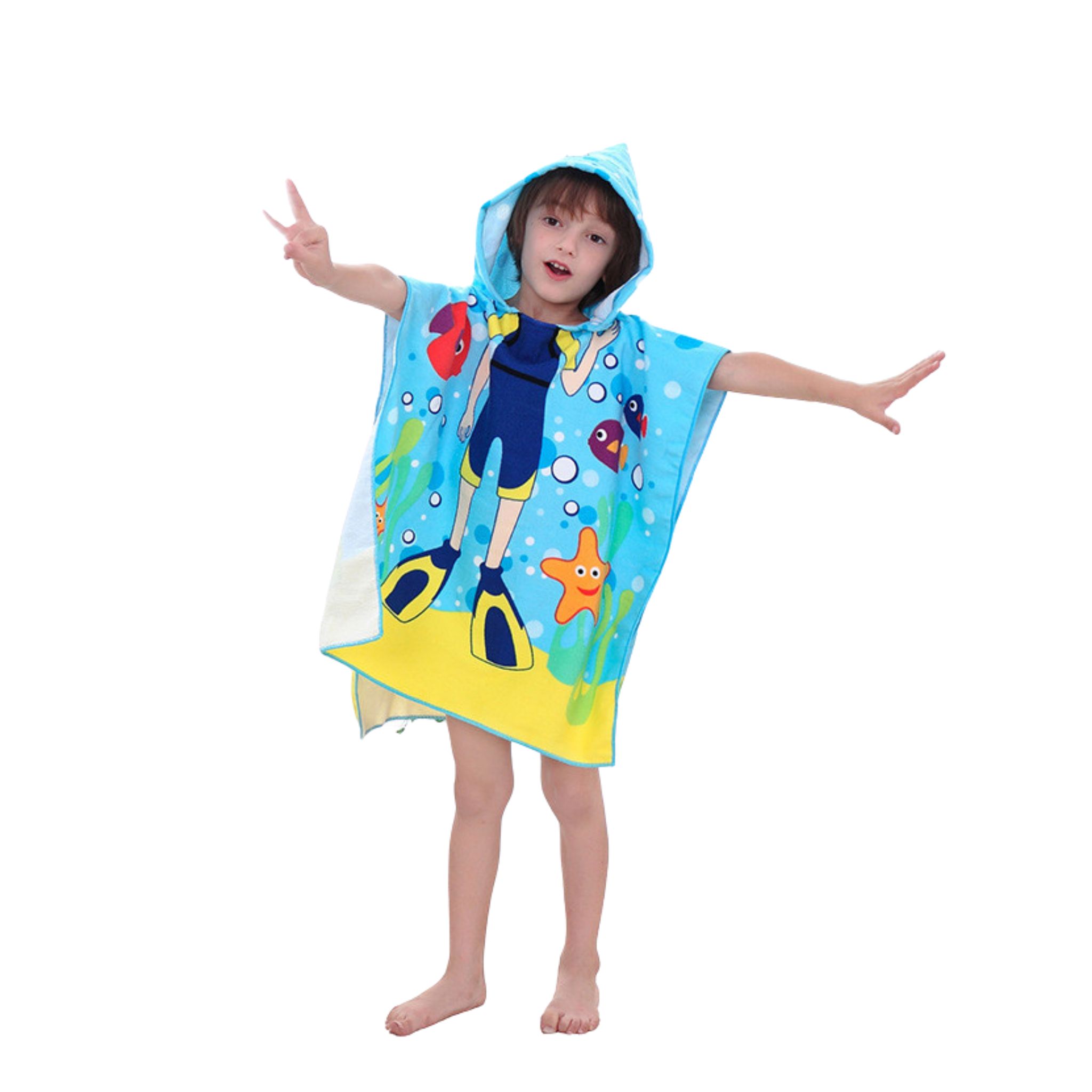 ผ้าคลุมว่ายน้ำ เรียนว่ายน้ำ แบบผ้าขนหนู สวมหัว ลายเด็กหญิง**พร้อมส่ง