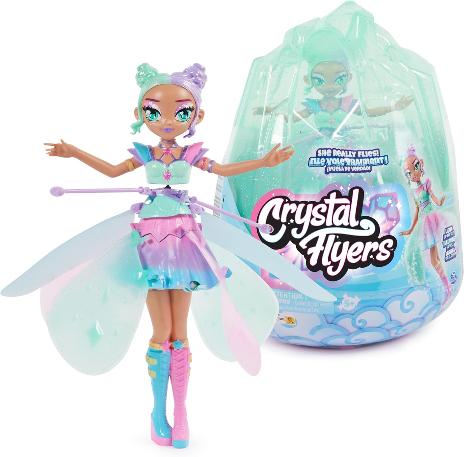 Hatchimals Crystal Flyers, Pastel Kawaii Doll Magical Flying Toy with Lights