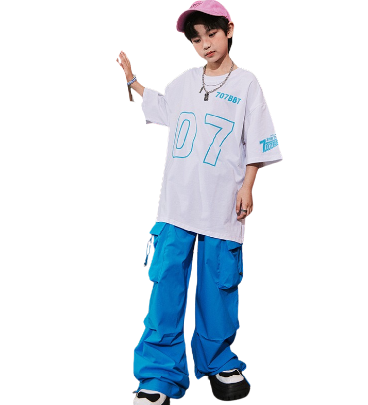 พร้อมส่ง ชุดเต้น ชุดแดนซ์ สไตล์ฮิปฮอป เซ็ตสีน้ำเงิน-ขาว