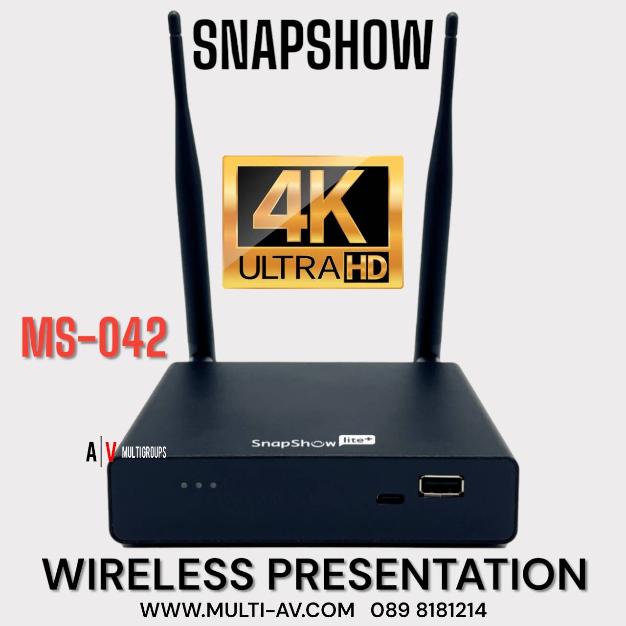 4K WIRELESS PRESENTATION SYSTEM WITH BUTTON SENDER รุ่น MS-042 เครื่องรับส่งภาพและเสียงแบบไร้สาย ทั้งจาก Notebook, Mac, iOS และ Android ออกจอ LCD TV หรือ Projector รองรับความละเอียดสูงสุด 4K