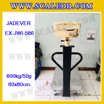 เครื่องชั่งดิจิตอลตั้งพื้น ยี่ห้อ JADEVER รุ่น EX-JWI-586 ขนาดแท่น 60x80cm. พิกัดน้ำหนัก 600kg ค่าละเอียด 50g พร้อมที่เข็นและล้อ