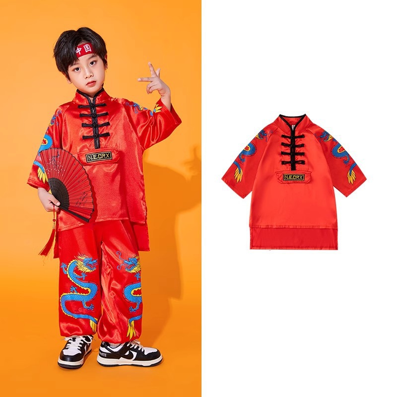**พร้อมส่ง**ชุดจีน กี่เพ้า ชุดเซ็ตตรุษจีนสีแดง ลายมังกร