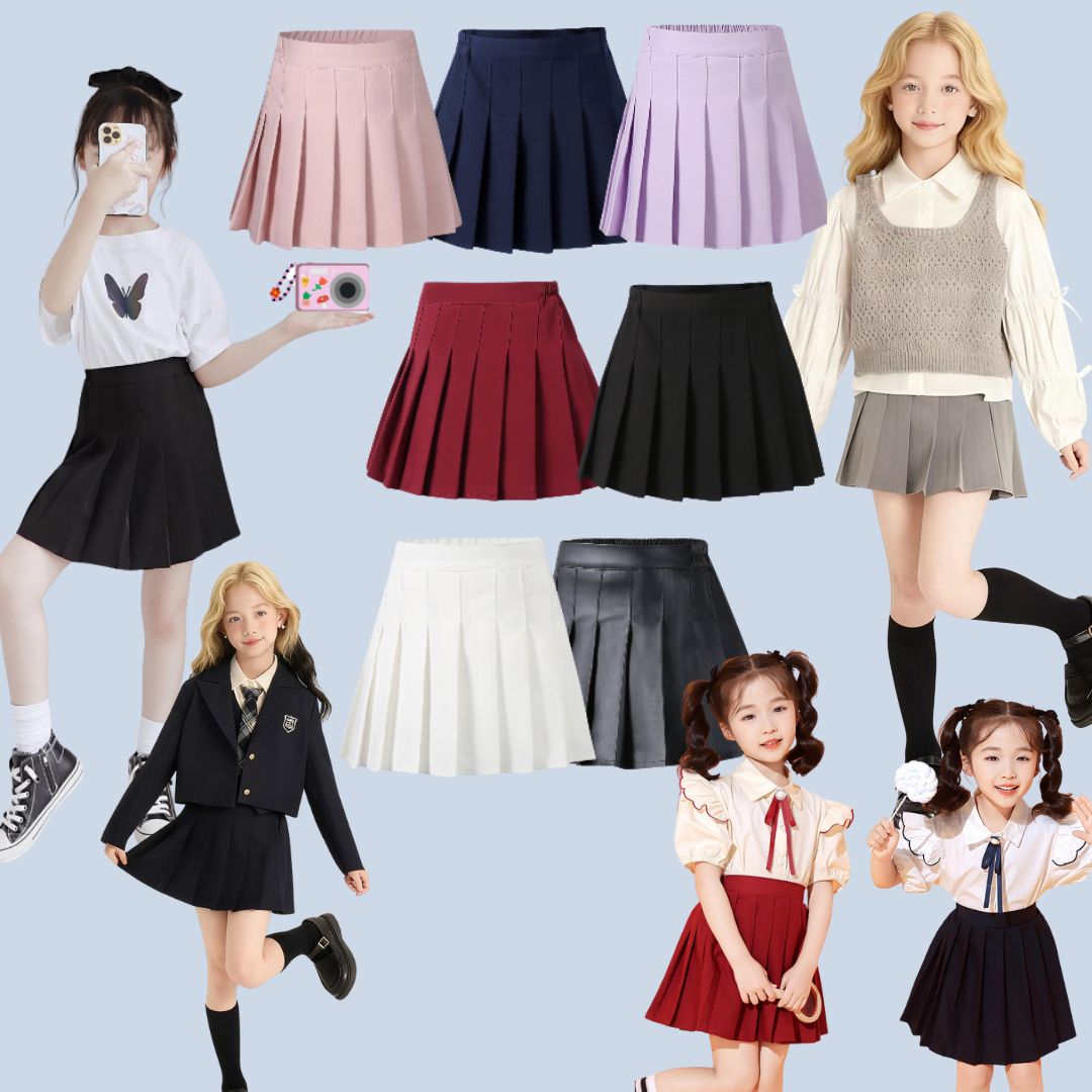 F กระโปรงเ ด็กอัดพลีท ทรงสั้น มีซับในกางเกง ลายพื้น เกรดคุณภาพ