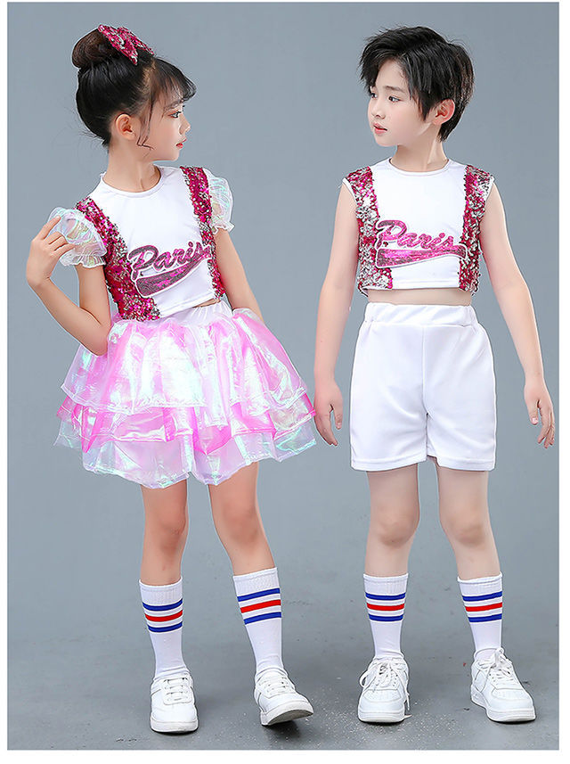 พร้อมส่ง ชุดเต้น ชุดฮิปฮอป เสื้อสีชมพู กระโปรงผ้าแก้วชมพูวิ้ง