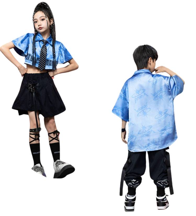 พร้อมส่ง ชุดเต้น เสื้อ+กางเกง/กระโปรงสีฟ้า-เงิน