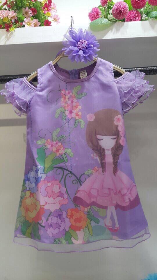 F-ชุดเด็ก : เดรสเปิดไหล่ แขนระบาย ลายการ์ตูน