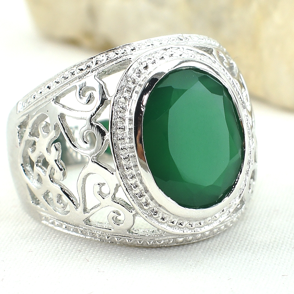 แหวนเงินแท้ราคาถูกชุบทองคำขาว พลอยแท้กรีนอะเกท 4.25 กะรัต งานประณีตสวยงาม สั่งผลิตค่ะ