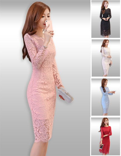 ชุดเดรสแฟชั่นแขนยาวแต่งลูกไม้แบบสวยหรู2002