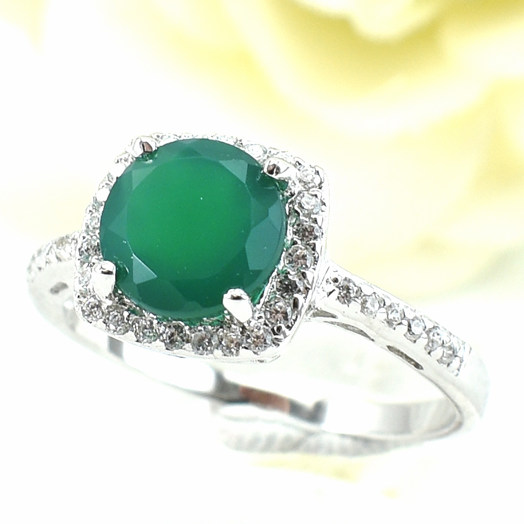 แหวนเงินแท้ราคาถูกชุบทองคำขาว พลอยแท้กรีนอะเกท 1.20 กะรัต เพชรCZ 0.252 กะรัต งานประณีตสวยงาม สั่งผลิตค่ะ