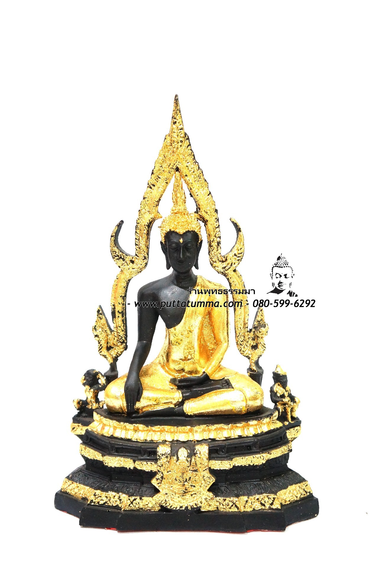 พระพุทธรูปปางมารวิชัย ซุ้มแก้ว ( พระพุทธชินราช ) สีดำปิดทอง เนื้อเรซิ่น หน้าตัก 5 นิ้ว สูง 13 นิ้ว