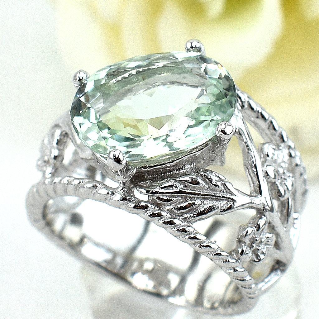 แหวนเงินแท้ราคาถูกชุบทองคำขาว พลอยแท้กรีนอเมทิสต์ 5.50 กะรัต งานประณีตสวยงาม สั่งผลิตค่ะ