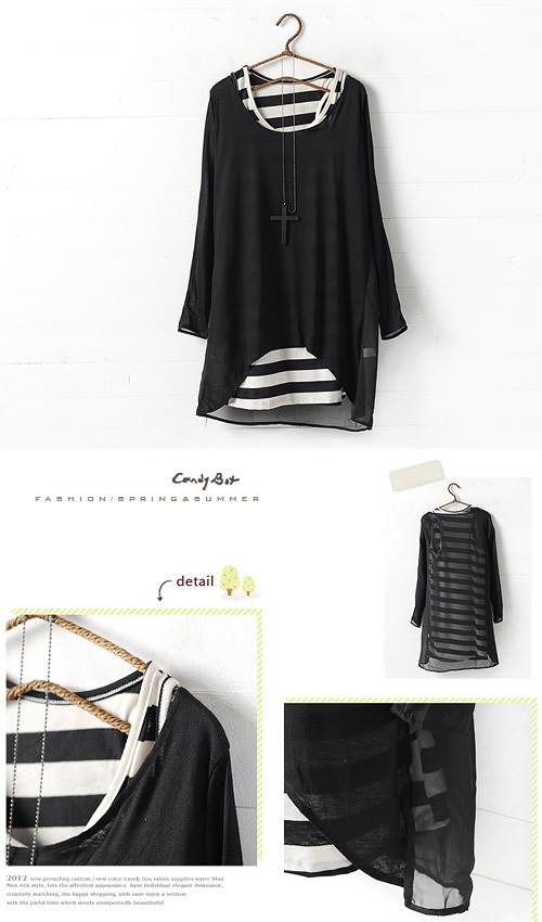 ชุดเดรสแฟชั่นเกาหลีน่ารัก ตัวนอกผ้าชีฟอง ตัวในผ้า cotton ลายขาวดำ น่ารักมี2ชิ้น