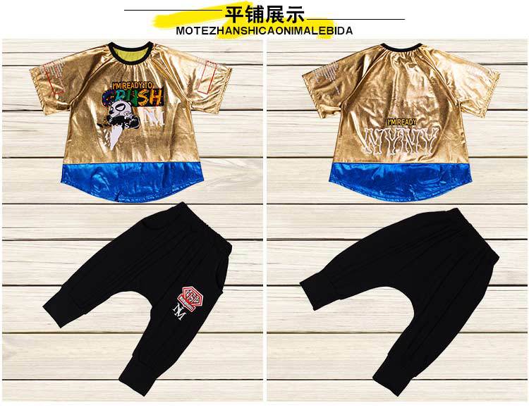 ชุดHIPHOP เสื้อแขนสั้นสีทอง+กางเกงดำ