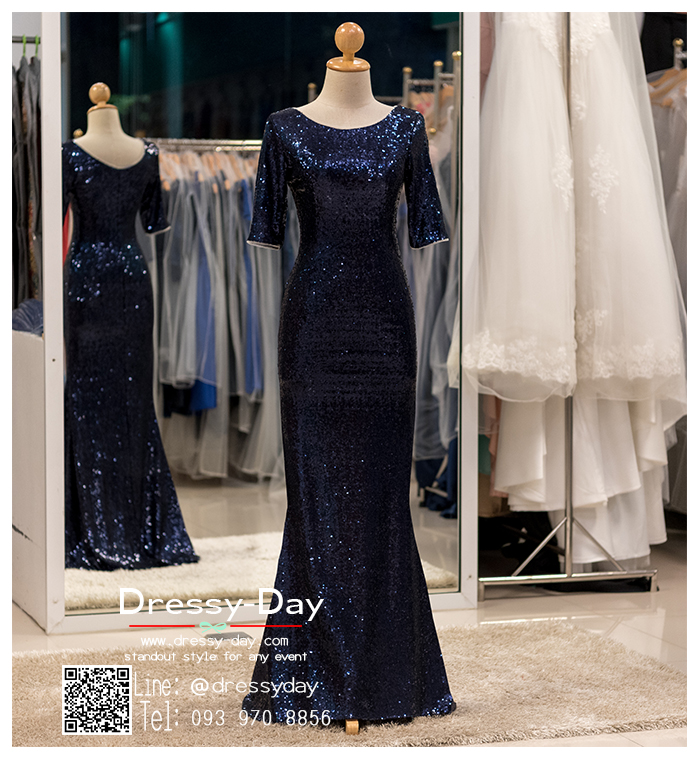 รหัส ชุดเจ้าภาพ : PFL088 ชุดราตรียาว สีน้ำเงิน/สีเนวี่บลู NAVY BLUE แขนยาว ปักเลือมทั้งชุด ชุดราตรีสวยๆ ใส่ไปงานแต่งงาน งานเลี้ยง งานรับรางวัล งานกาล่าดินเนอร์