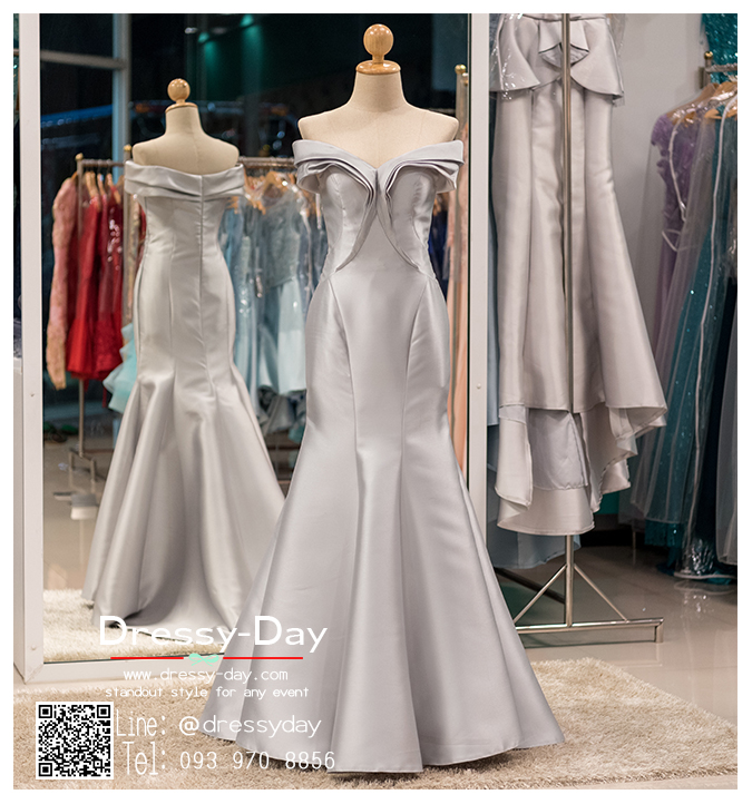 รหัส ชุดราตรียาว : PF052 - 4 ชุดแซก ชุดราตรีชุดไปงานแต่ง after party สีเทา แบบเปิดไหล่ ชุดยาวสุดหรูเหมาะใส่ออกงานกลางคืน งานแต่งงาน