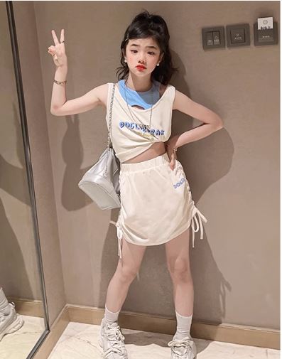 **เฉพาะเสื้อ**ชุดเต้น ฮิปฮอป เสื้อสีขาวเสริมคอฟ้า