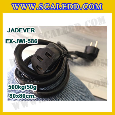 เครื่องชั่งดิจิตอลตั้งพื้น ยี่ห้อ JADEVER รุ่น EX-JWI-586 ขนาดแท่น 80x80cm. พิกัดน้ำหนัก 500kg ค่าละเอียด 50g พร้อมที่เข็นและล้อ