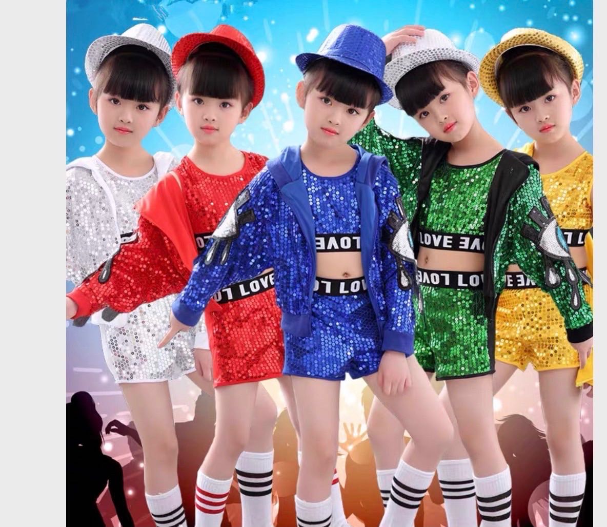 ชุดเต้น ชุดแดนซ์ ฮิปฮอป ปักเลื่อม ขาสั้น พร้อมแจ็คเก็ตฮูด